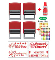 Öğretmen Kaşesi 4 Adet Kaşe + 1 Adet Mürekkep (20 cc) + 4 Yaprak Sticker Etiket Öğrenci Motivasyon Kaşeleri
