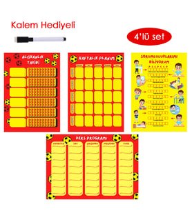 Çocuklar İçin Planlayıcı Set - Sarı Kırmızı (Alışkanlık Takibi, Haftalık Planlayıcı, Sorumluluk Takibi, Ders Programı) (Çok Renkli)