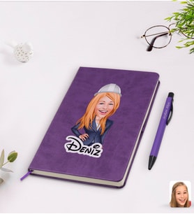 BK Gift Kişiye Özel Kadın Mühendis Karikatürlü Mor Termo Deri Defter Kalem Seti Model 1