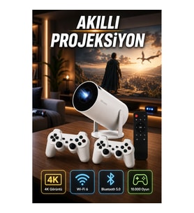 Çift Kollu 4K Akıllı Projeksiyon Cihazı – Wi-Fi 6, Bluetooth 5.0, HDMI USB AUX Destekli 10.000 Oyun