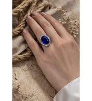 925 Ayar Gümüş Otantik Oval Safir Mavi Taşlı Hürrem Yüzük