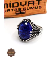 Safir Taşlı Kristal Kesim 925 Ayar Gümüş Erkek Yüzük 201024874