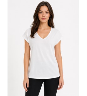 V Yaka Kadın Beyaz Basic T-Shirt