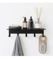 Yapışkanlı Metal Banyo Rafı 5 Kancalı Duvar Rafı Organizer Dekoratif Raf Siyah Paslanmaz Duvar Rafı Havluluk Askılık Banyo Mutfak Çok Amaçlı Raf
