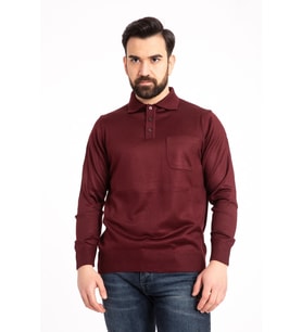 Erkek Bordo Ince Yün Triko Örgü Polo Yaka Baba Kazak