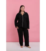 Kadın Büyük Beden Siyah Kırmızı Çiçekli Düğmeli Pijama Takımı