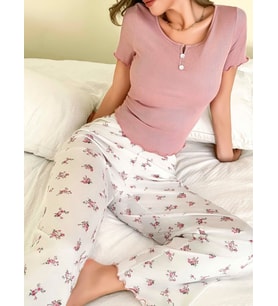 Kadın Çiçekli Desen Yumuşak Pamuklu Uzun Pijama Takımı 5131