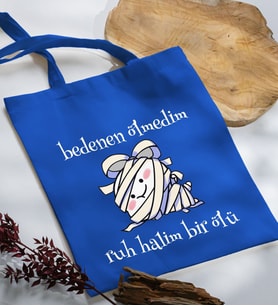 BK Gift Ruh Halim Bir Ölü Tasarımlı Mavi Kumaş Bez Çanta, Baskılı Omuz Çantası, Alışveriş Çantası, Arkadaşa Hediye-1