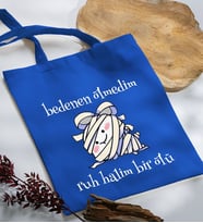 BK Gift Ruh Halim Bir Ölü Tasarımlı Mavi Kumaş Bez Çanta, Baskılı Omuz Çantası, Alışveriş Çantası, Arkadaşa Hediye-1