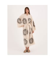 Müslin Kimono %100 Pamuklu Güneş Baskılı Desenli Bornoz Kaftan Sabahlık (Ekru)