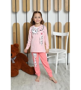 Yeni Sezon Kız Çocuk Garson Uzun Kollu Pamuk Cat Desen Penye Pijama Takımı 6053 (Pudra)