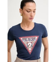 Guess Kısa Kollu Bisiklet Yaka Şal Desenli Üçgen Kadın Lacivert T-shirt W6YI25K4344-G7P1