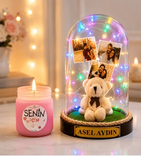 Kişiye Özel Yazılı 3 Fotoğraflı Renkli LED Işıklı Fanus (peluş ayıcıklı) ve Cam Kokulu Mum Seti