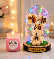 Kişiye Özel Yazılı 3 Fotoğraflı Renkli LED Işıklı Fanus (peluş ayıcıklı) ve Cam Kokulu Mum Seti