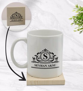 BK Gift Kişiye Özel İsimli Beyaz Kupa Bardak ve Ahşap Bardak Altlığı Hediye Seti - Model 12