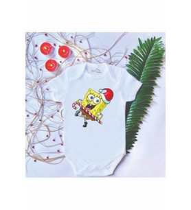Unisex Bebek Baskılı Sünger Bob Yılbaşı %100 Pamuklu Çıtçıtlı