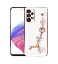 Samsung Galaxy A52 Kılıf El Askılı Tutamaçlı Kamera Korumalı Renkli Gold Kenar Silikon Kapak (Beyaz)