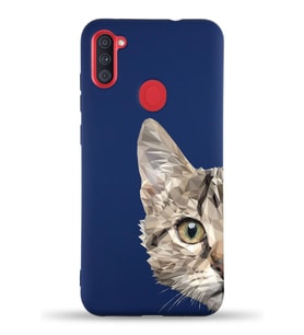 Samsung Galaxy M11 Uyumlu Lansman Kılıf Catface Tasarımlı İçi Kadife Kapak-Lacivert (Şeffaf)