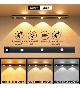 40 cm Mutfak Dolabı Gardrop Merdiven Altı İçin Şarj Edilebilir 3 Renk Işıklı Hareket Sensörlü Lamba