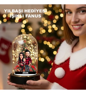 Kişiye Özel 2 Kişilik Fanus Karikatürlü 18 cm MDF Fanus Biblo - Yılbaşı Hediyesi Kişiye Özel Noel Hediyesi
