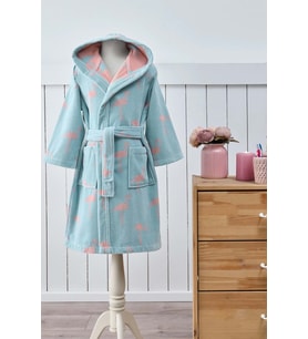 Özdilek 7/8 Yaş -Flamingo Mint- Kız Çocuk Kapüşonlu Kadife Pamuk Bornoz