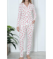 Kadın Düğmeli Pijama Takımı Uzun Kollu Cepli Kalpli Sevgililer Günü BEYAZ