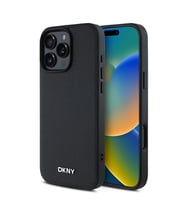 Apple iPhone 16 Pro Max Uyumlu Kılıf DKNY Orjinal Lisanslı M-safe Şarj Özellikli Metal Logolu PU Deri Grained Kapak (Siyah)