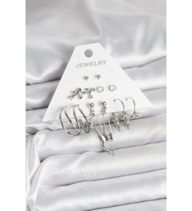 Mey İthalat® Pirinç Gümüş Renk 6'lı Kadın Küpe Seti