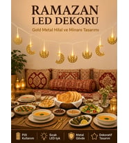 Minareli Hilal LED Işık Gold Metal Gövdeli Pilli Ramazan Dekoru