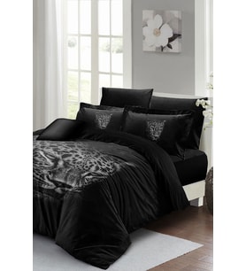 Lastikli Çarşaflı %100 Pamuk Saten Çift Kişilik Nevresim Takımı Black Leopar