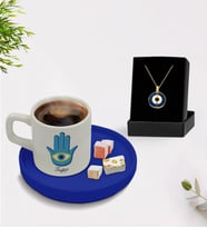 BK Gift Kişiye Özel İsimli Mavi Sunum Tabaklı Türk Kahvesi Fincanı ve Açılan Nazar Kolye Hediye Seti -2
