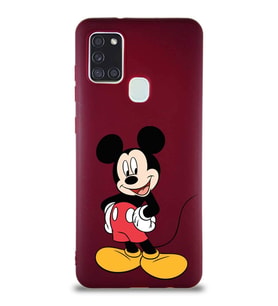 Samsung Galaxy A21S Soft Premier Kapak Mickey Mouse-E Tasarımlı Silikon Kılıf - Mürdüm (Şeffaf)