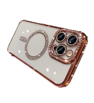 Apple iPhone 16 Pro için Magsafe ile uyumlu Kılıf Simli Kamera Kenar Taşlı Kapak (Rose)