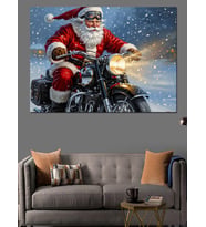 Motosiklet Süren Noel Baba Figürü Dekoratif Kanvas - Mdf Ahşap Tablo