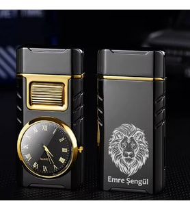 Kişiye Özel İsimli Aslan Baskılı Metal Rüzgar Geçirmez Saatli Gazlı Tasarım Çakmak