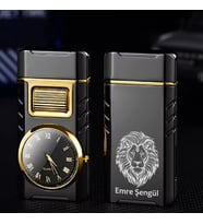 Kişiye Özel İsimli Aslan Baskılı Metal Rüzgar Geçirmez Saatli Gazlı Tasarım Çakmak