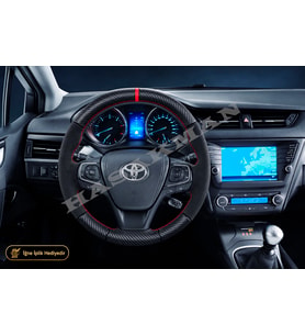 Toyota Avensis T270 Dikme Direksiyon Kılıfı Alcantara Süet Mat Karbon Kırmızı Yüzük ve Dikiş Comfort-Elegant 2015-2018