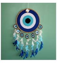 Natürel Hasır Kasnaklı Tüylü Otrişli Nazarlık Şeklinde Rüya Kapanı / Dreamcatcher