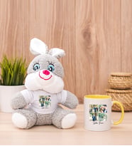 Kişiye Özel Dört Fotoğraflı Peluş Tavşan ve Sarı Kupa