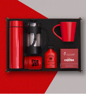 Premium Hediye Kutusu - Kırmızı Çelik Termos, Mum, Kolonya, Kupa Bardak, French press, Filtre Kahve