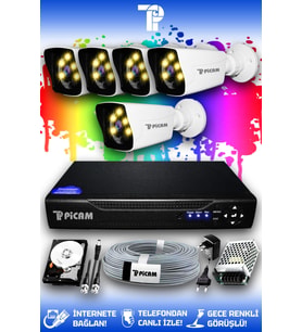 PICAM 5 Kameralı Kare 5 Dış Kamera Set 1 TB HDD Full HD Renkli Gece Görüşlü Güvenlik Kamerası Sistemi