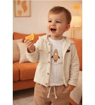 Roket Baskılı Müslin Kumaş Kapüşonlu Bebek Erkek Üçlü Takım Set Babyhola (Kahverengi)
