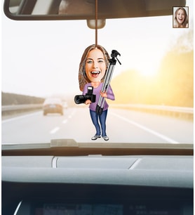 Kişiye Özel Karikatürlü Fotoğrafçı Ahşap Araba Dikiz Ayna Süsü