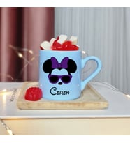 Minnie Mouse Tasarımlı Kişiye Özel Mavi Türk Kahvesi Fincanı
