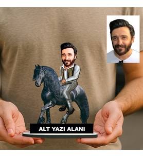 Kişiye Özel At Binen Erkek Karikatürlü 18 cm MDF Masaüstü Biblo - Masaüstü Hediye