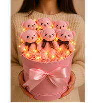 Led Işıklı Silindir Kutuda 6 Adet Peluş Ayıcık Buketi Hediye Kutusu