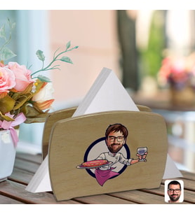 BK Gift Kişiye Özel Erkek Chef Karikatürlü Lüks Ahşap Peçetelik-1