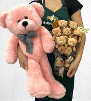 Kişiye Özel 7'li Peluş Ayıcık Buketi ve Büyük Boy Pembe Peluş Ayıcık (Model 4)