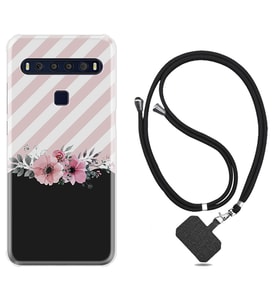 TCL 10L 10 Plus 10SE 20E 20SE 30 L7 Kılıf Boyun Askılı Silikon Strip Pink Flowers 1396