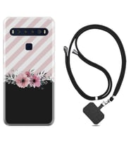TCL 10L 10 Plus 10SE 20E 20SE 30 L7 Kılıf Boyun Askılı Silikon Strip Pink Flowers 1396